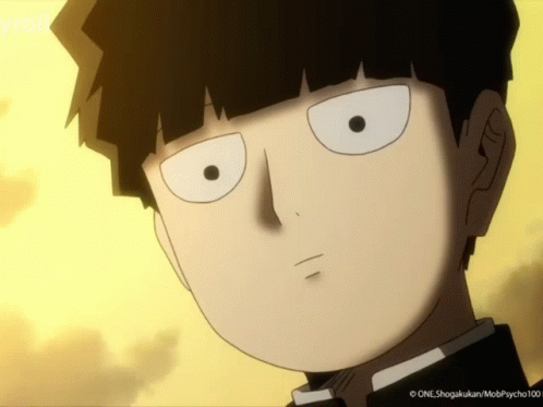 A Close Up Of A Cartoon Character 'S Face With The Words One Shogakukan Mobpsycho100 Below It GIF