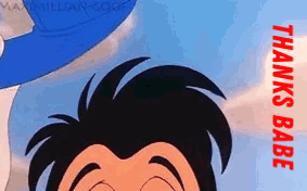 A Close Up Of A Cartoon Character 'S Face With The Words `` Thanks Babe '' Written Below It . GIF