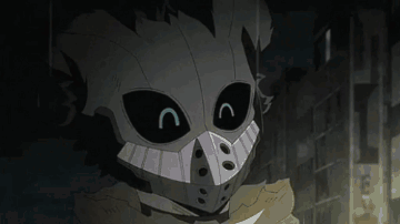 A Close Up Of A Cartoon Character Wearing A Mask With A Smiley Face On It . GIF