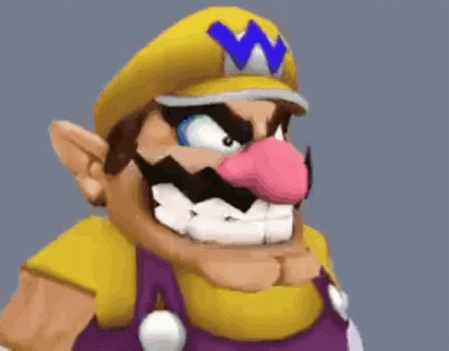 A Close Up Of A Cartoon Character Wearing A Yellow Hat And Purple Overalls With A Pink Nose . GIF