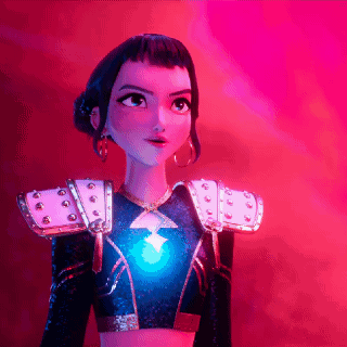 A Close Up Of A Cartoon Character With A Blue Light On Her Chest GIF