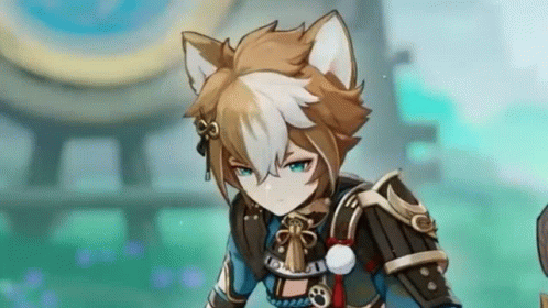 A Close Up Of A Cartoon Character With A Cat 'S Ears And A Sword . GIF