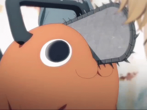 A Close Up Of A Cartoon Character With A Chainsaw On His Head GIF