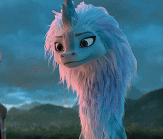 a close up of a cartoon character with a pink and blue feathered tail
