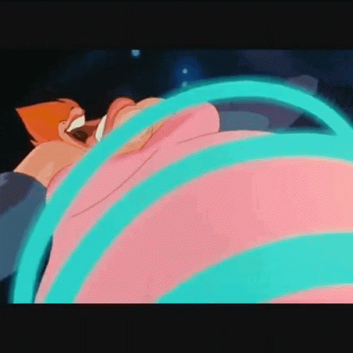 A Close Up Of A Cartoon Character With A Pink And Blue Striped Shirt . GIF