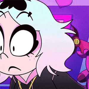 a close up of a cartoon character with a purple background and a purple background .