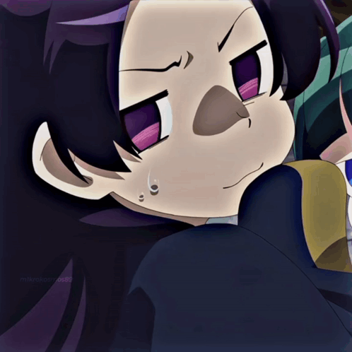 a close up of a cartoon character with a purple eye