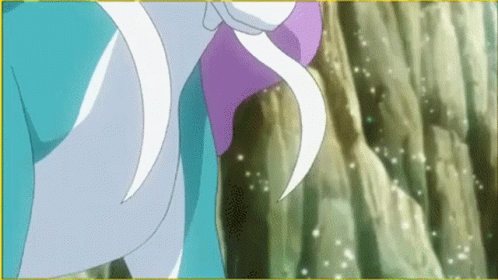 A Close Up Of A Cartoon Character With A Purple Flower In Her Hair Standing Next To A Rock Wall . GIF
