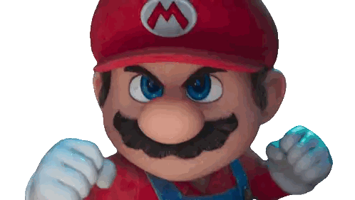 a close up of a cartoon character with a red hat and a white m on his hat