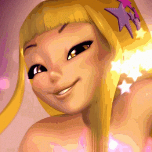 A Close Up Of A Cartoon Character With A Star On Her Head GIF