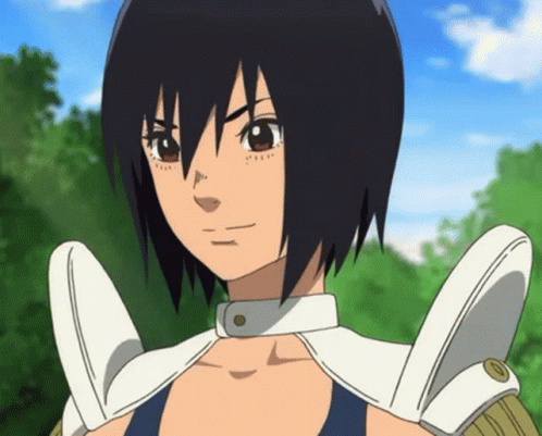 A Close Up Of A Cartoon Character With Black Hair And White Armor GIF
