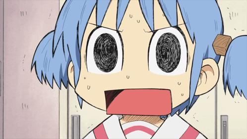 a close up of a cartoon character with blue hair