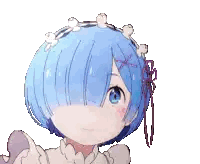 a close up of a cartoon character with blue hair and a bow in her hair .