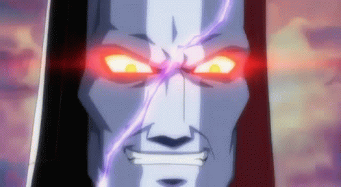 a close up of a cartoon character with glowing eyes