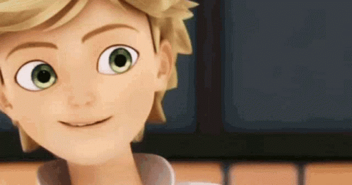 A Close Up Of A Cartoon Character With Green Eyes And Blonde Hair Smiling . GIF