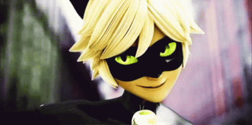 A Close Up Of A Cartoon Character With Green Eyes Wearing A Black Mask . GIF