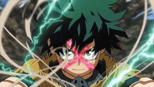 A Close Up Of A Cartoon Character With Green Hair And Red Eyes GIF