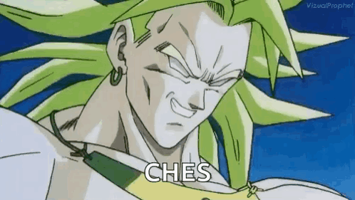 A Close Up Of A Cartoon Character With Green Hair And The Words `` Ches '' . GIF
