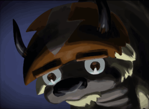 A Close Up Of A Cartoon Character With Horns And A Sad Look On His Face GIF