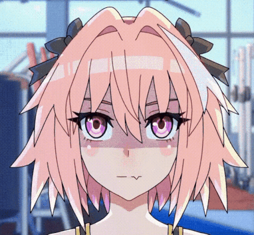 a close up of a cartoon character with pink hair
