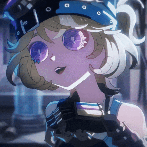 A Close Up Of A Cartoon Character With Purple Eyes And A Hat GIF