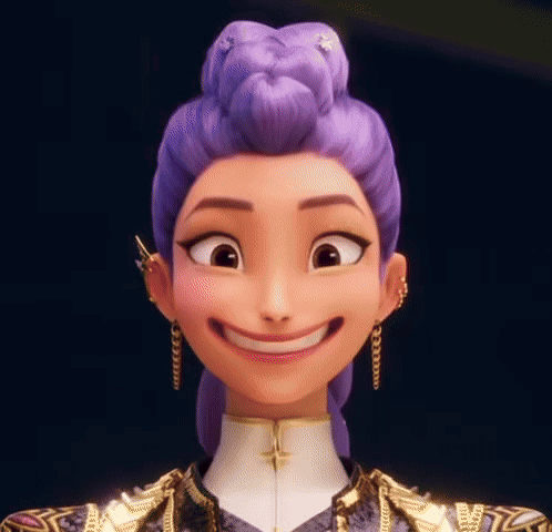 A Close Up Of A Cartoon Character With Purple Hair And Earrings Smiling . GIF