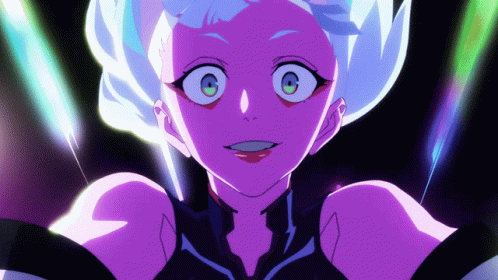 A Close Up Of A Cartoon Character With Purple Hair And Green Eyes GIF