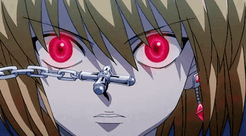 a close up of a cartoon character with red eyes and a chain around his nose