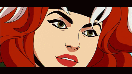 A Close Up Of A Cartoon Character With Red Hair And Green Eyes GIF