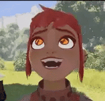 A Close Up Of A Cartoon Character With Red Hair And Orange Eyes . GIF