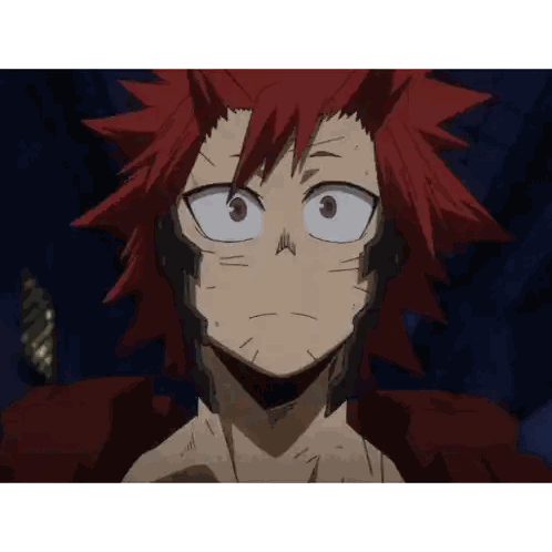 a close up of a cartoon character with red hair and white eyes