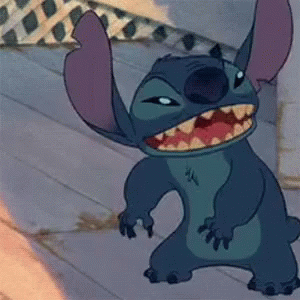 A Close Up Of A Cartoon Character With Stitch Written On It GIF