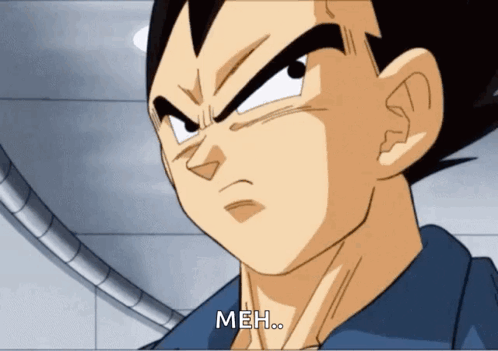 A Close Up Of A Cartoon Character With The Word Meh Below Him GIF