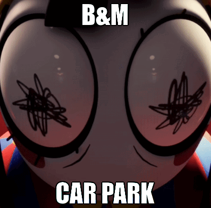 a close up of a cartoon character with the words b & m car park on the bottom