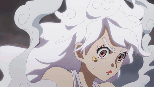 A Close Up Of A Cartoon Character With White Hair And Big Eyes GIF