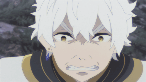A Close Up Of A Cartoon Character With White Hair And Yellow Eyes GIF