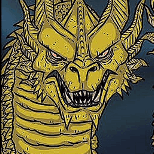 A Close Up Of A Cartoon Drawing Of A Yellow Dragon With Horns And Teeth . GIF