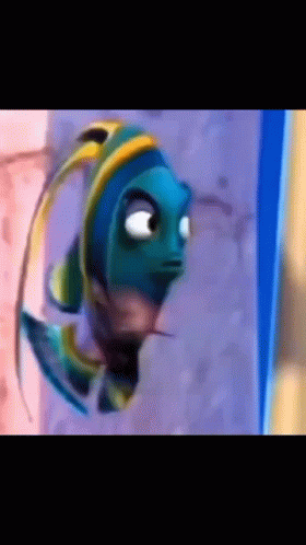 A Close Up Of A Cartoon Fish With A Blue And Yellow Head GIF