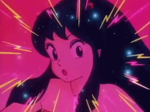 A Close Up Of A Cartoon Girl With A Surprised Look On Her Face Surrounded By Pink Lightning Bolts . GIF