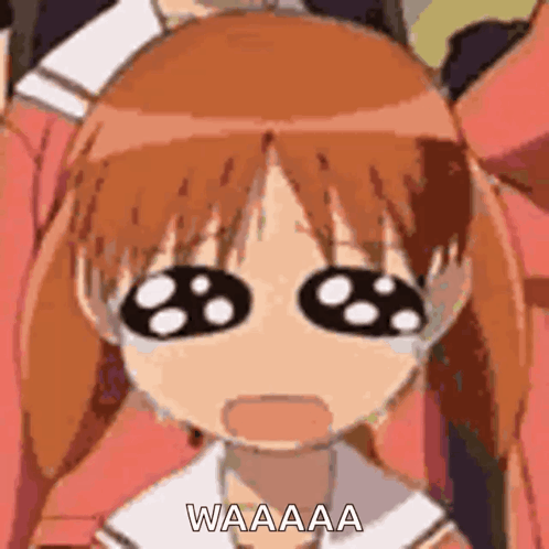 A Close Up Of A Cartoon Girl With Big Eyes And The Words Waaaa On Her Face . GIF