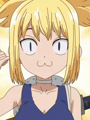 A Close Up Of A Cartoon Girl With Blonde Hair And A Blue Tank Top GIF