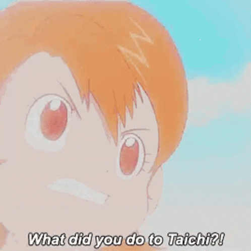 A Close Up Of A Cartoon Girl With Her Mouth Open And The Words `` What Did You Do To Taichi '' . GIF
