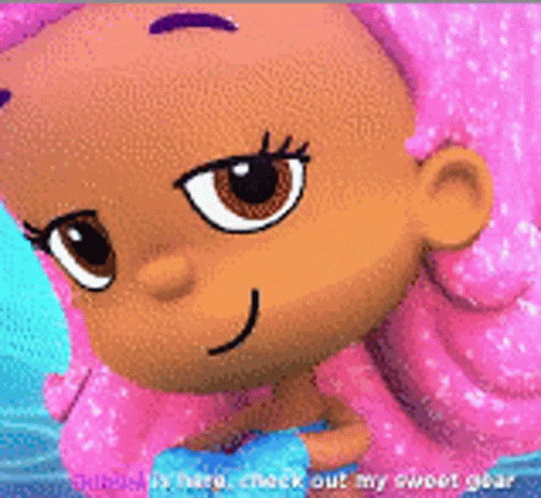 A Close Up Of A Cartoon Girl With Pink Hair And The Words " Check Out My Sweet Gear " GIF