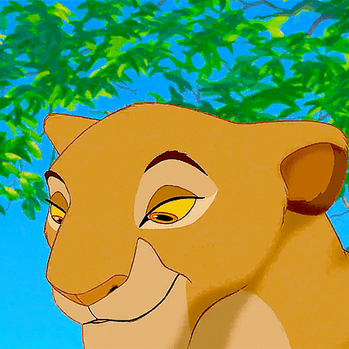 A Close Up Of A Cartoon Lioness ' Face With A Tree In The Background GIF
