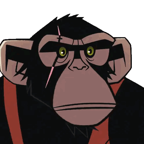 a close up of a cartoon monkey 's face with a needle in his eye