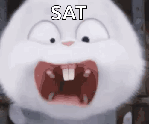 A Close Up Of A Cartoon Rabbit With Its Mouth Open And The Word Sat On It . GIF