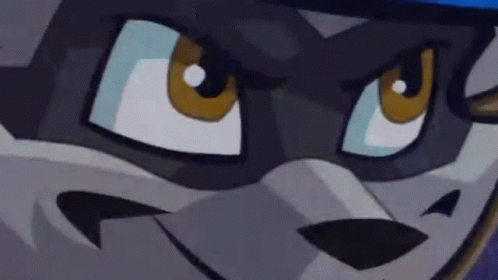 A Close Up Of A Cartoon Raccoon 'S Face With A Blue Hat On . GIF