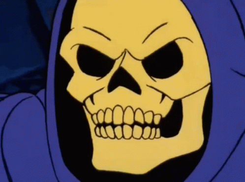 a close up of a cartoon skeleton with a purple hood