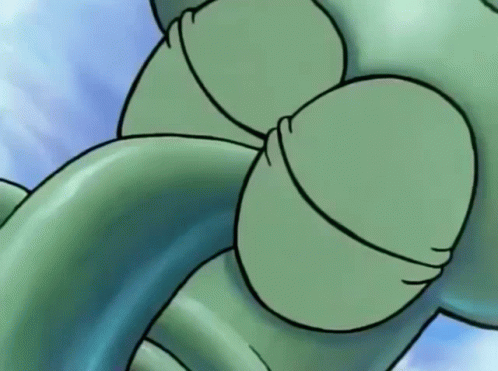A Close Up Of A Cartoon Squidward Tentacles With A Blue Sky In The Background . GIF
