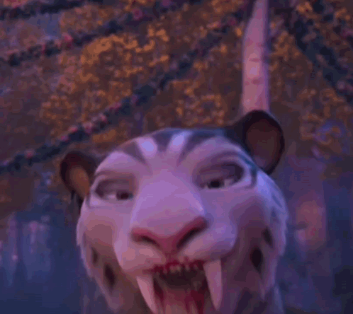 A Close Up Of A Cartoon Tiger With Blood On Its Face GIF